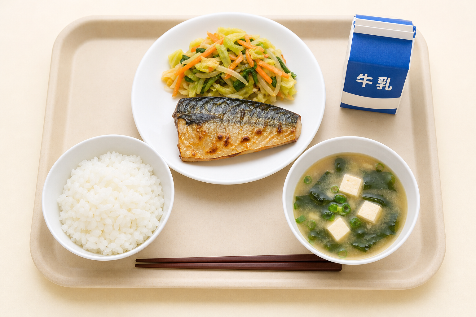 Japanese school lunch tray with rice, grilled fish, miso soup, vegetables, milk, and chopsticks